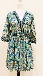 Block Print Cotton Dress Is A Fresh Floral Print With Contrast Trim (Blue)