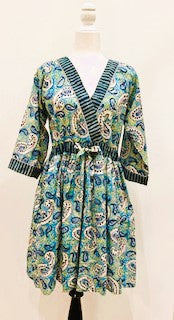 Block Print Cotton Dress Is A Fresh Floral Print With Contrast Trim (Blue)