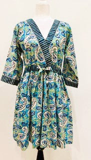 Block Print Cotton Dress Is A Fresh Floral Print With Contrast Trim (Blue)