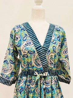 Block Print Cotton Dress Is A Fresh Floral Print With Contrast Trim (Blue)