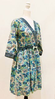 Block Print Cotton Dress Is A Fresh Floral Print With Contrast Trim (Blue)