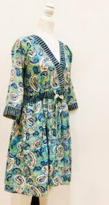 Block Print Cotton Dress Is A Fresh Floral Print With Contrast Trim (Blue)