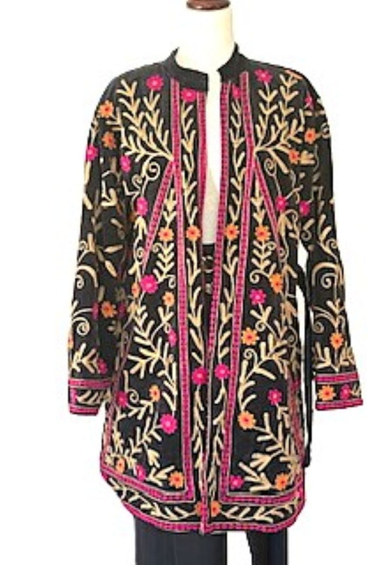 Wearable Art: Elaborate Hand Embroidered Knee Length Jacket. (Black)