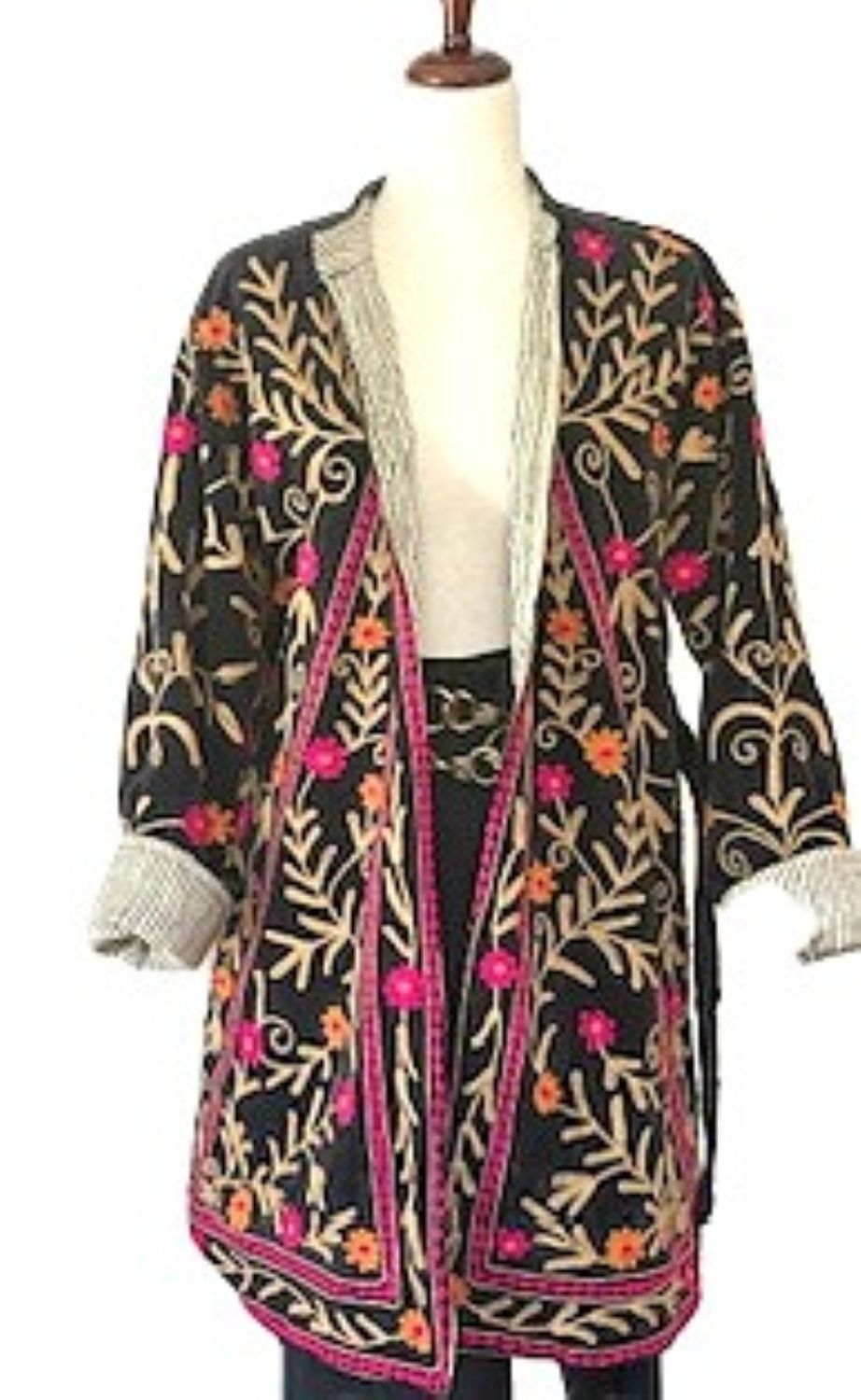 Wearable Art: Elaborate Hand Embroidered Knee Length Jacket. (Black)