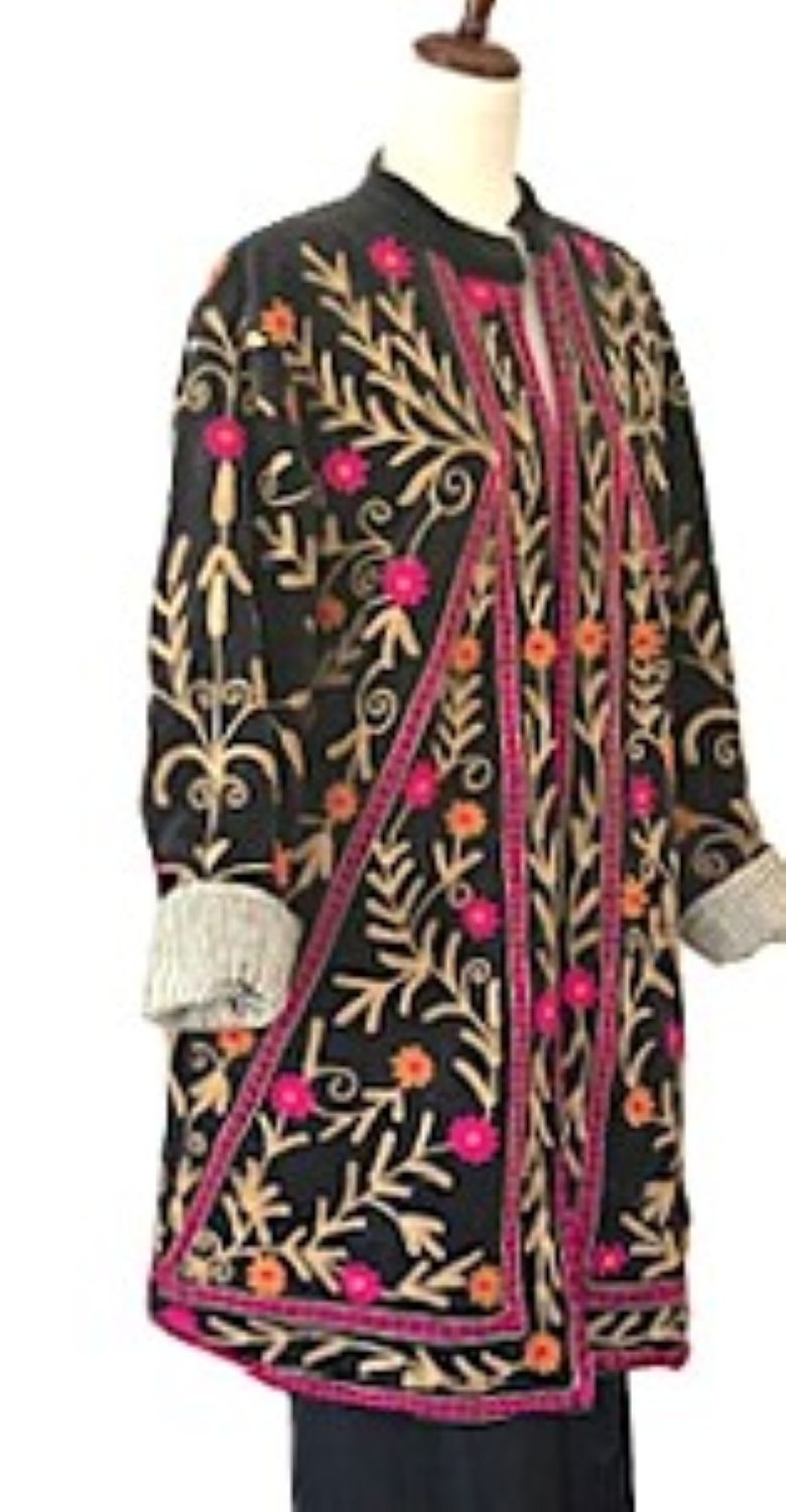 Wearable Art: Elaborate Hand Embroidered Knee Length Jacket. (Black)