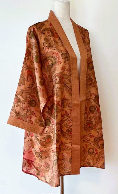 Short Silk Open Jacket Turns Any Outfit Into A Designer Look. (Copper Floral)