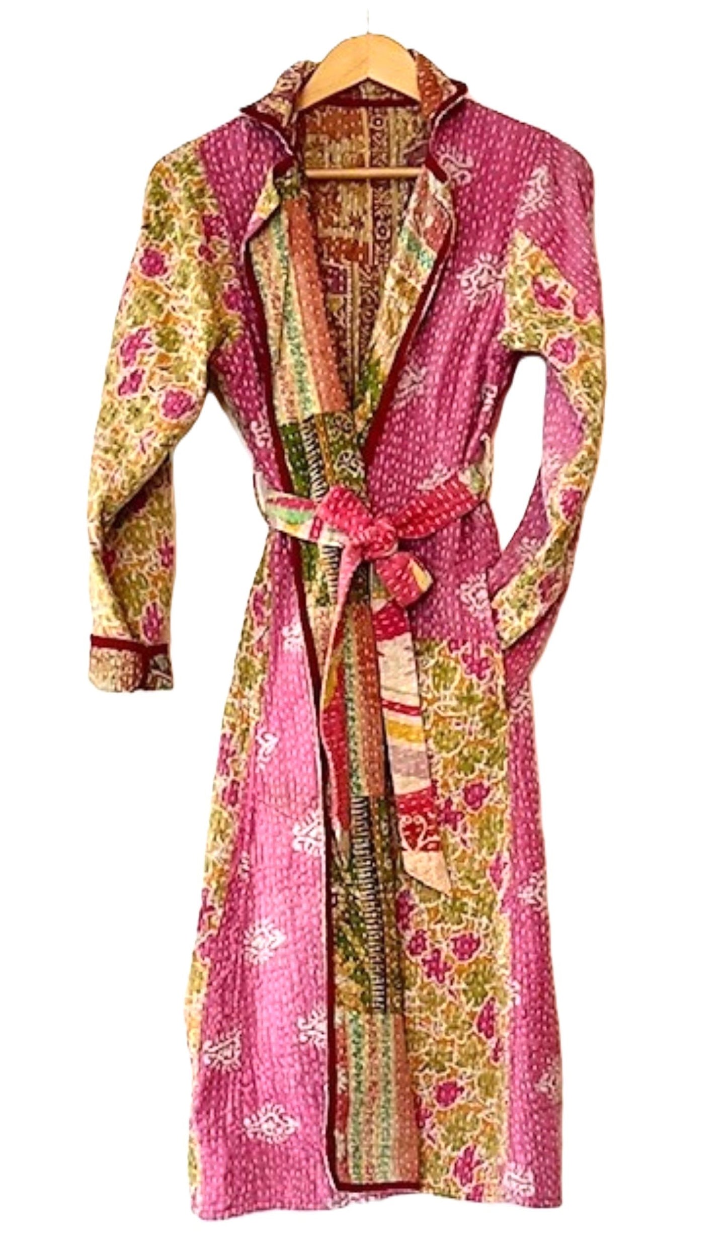 New Vintage Kantha Quilted Reversible Trench Coat, Pink Multi