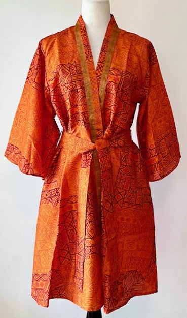 Exceptional Print In Our Cape Sleeve Silk Kimono Duster Dress (Orange)