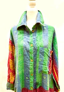 Long Kantha Button Down Jacket With Collar Looks Sharp (Stripe)