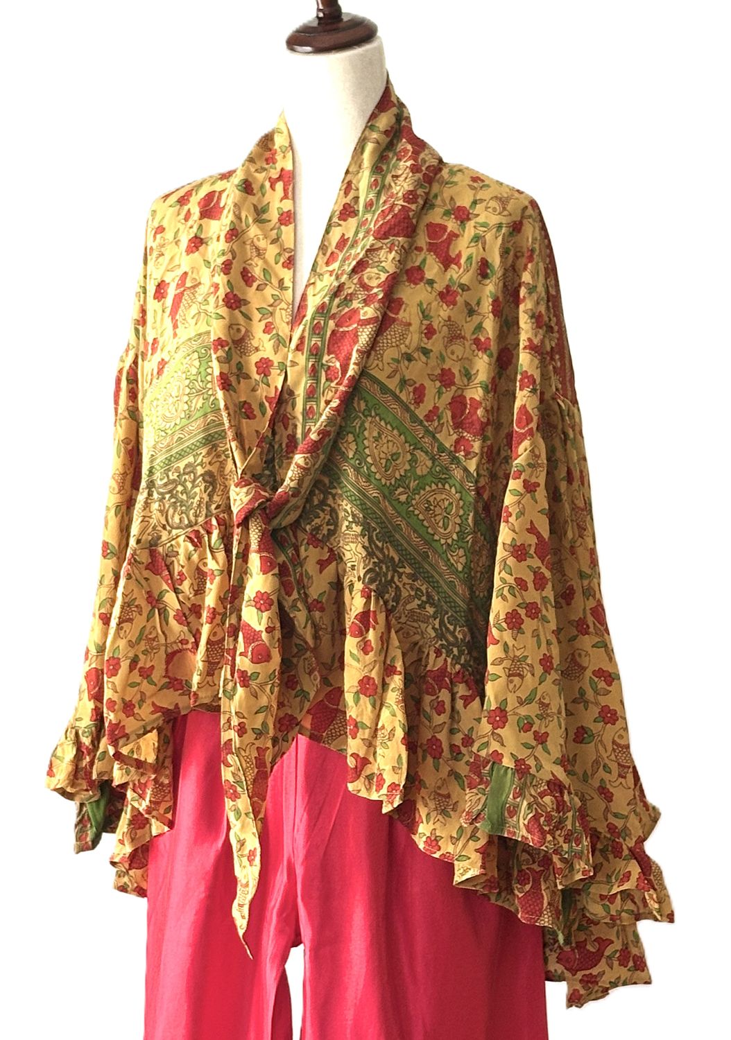 Kantha Bae Crepe Sari Wid Rose Romantic Top  (Red Poppies)