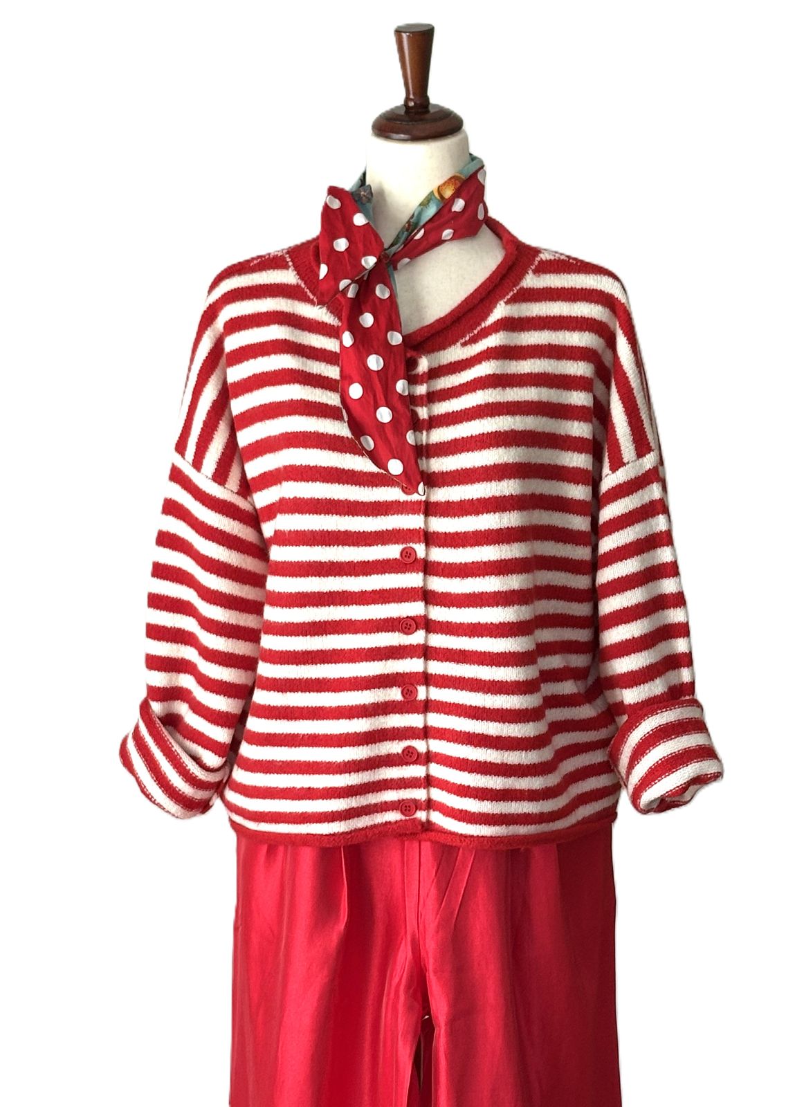 Top, Red White Oversized Dropped Shoulder Stripe Cardigan