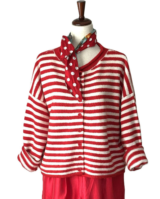 Top, Red White Oversized Dropped Shoulder Stripe Cardigan