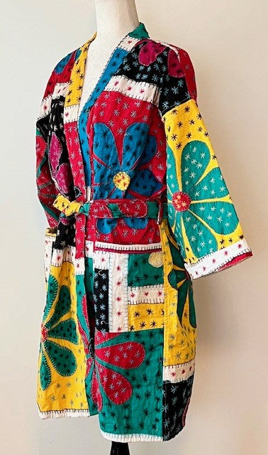 Bold Short Designer Patchwork Kimono. Vibrant Colors.