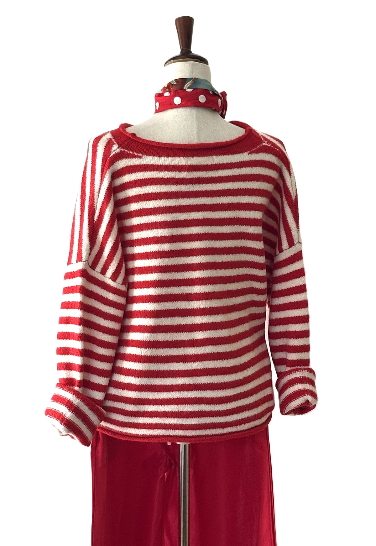 Top, Red White Oversized Dropped Shoulder Stripe Cardigan