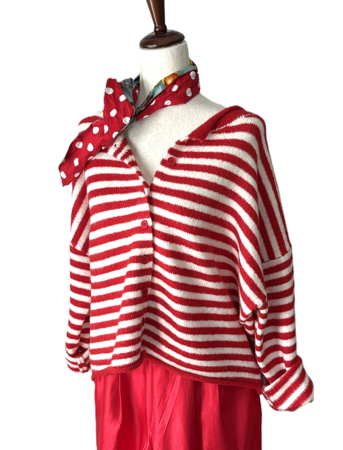 Top, Red White Oversized Dropped Shoulder Stripe Cardigan