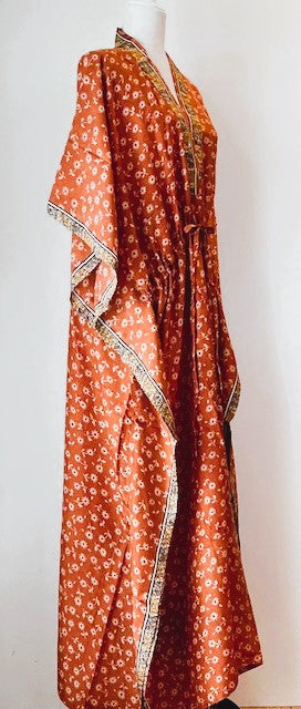 Elegant Silk Handmade Caftan. Lounging, Beach or Pool Perfect. (Tangerine)