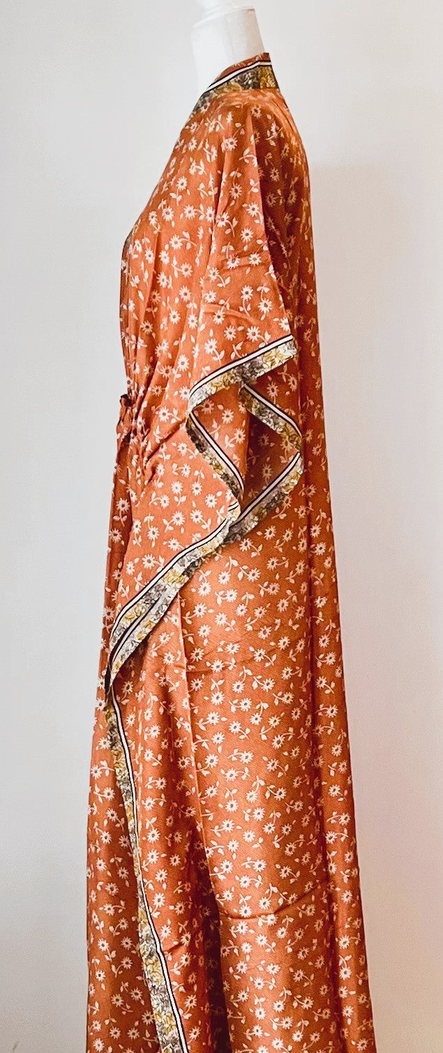 Elegant Silk Handmade Caftan. Lounging, Beach or Pool Perfect. (Tangerine)