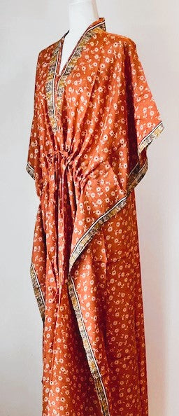 Elegant Silk Handmade Caftan. Lounging, Beach or Pool Perfect. (Tangerine)