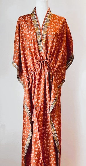 Elegant Silk Handmade Caftan. Lounging, Beach or Pool Perfect. (Tangerine)