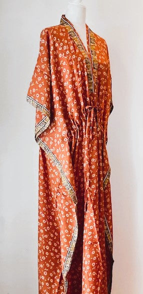 Elegant Silk Handmade Caftan. Lounging, Beach or Pool Perfect. (Tangerine)