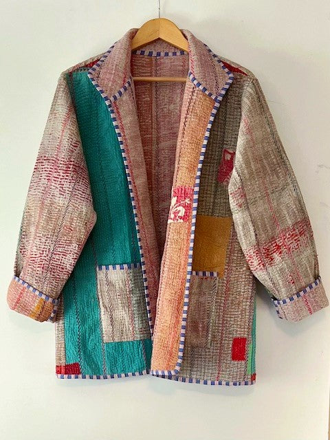 Handmade Indian Vintage Cotton Kantha Jacket, Reversible Multi Pastel