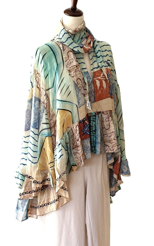 Kantha Bae Crepe Sari Wid Rose Romantic Top  (Blue)