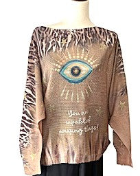 Italian Knit Sweater: Brown Eye Printed Sweater