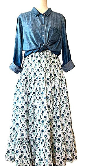 Skirt: Long Cotton Tiered Skirt with Pockets is a must in your wardrobe (Blue Flowers)