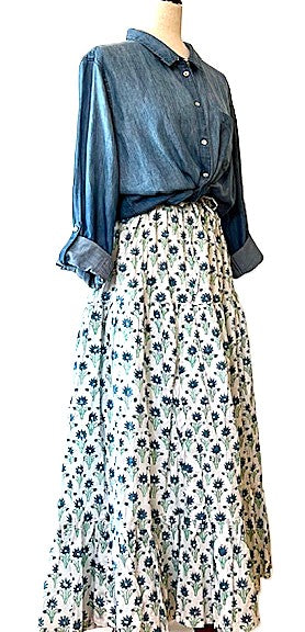 Skirt: Long Cotton Tiered Skirt with Pockets is a must in your wardrobe (Blue Flowers)