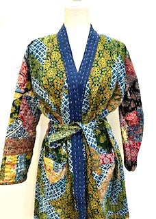 Exceptional Handmade Patchwork Long Jacket Is Timeless (Navy and Green)