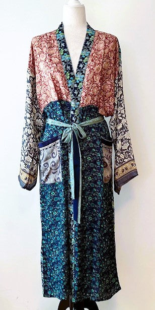 Luxury Rich Mixed Silk Print Kimono Duster Dress Catches the Eye.