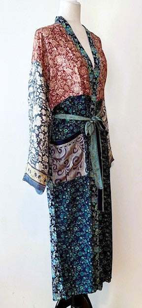 Luxury Rich Mixed Silk Print Kimono Duster Dress Catches the Eye.