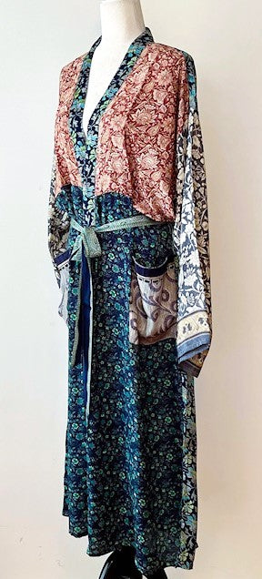 Luxury Rich Mixed Silk Print Kimono Duster Dress Catches the Eye.