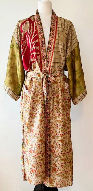 Silk Kimono Duster In a Water Color Print (Bronze Red)