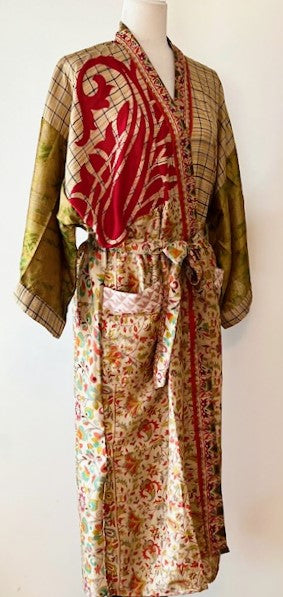 Silk Kimono Duster In a Water Color Print (Bronze Red)