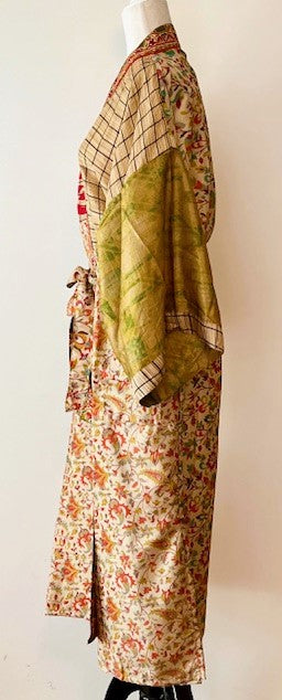 Silk Kimono Duster In a Water Color Print (Bronze Red)