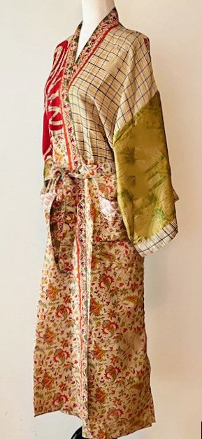 Silk Kimono Duster In a Water Color Print (Bronze Red)