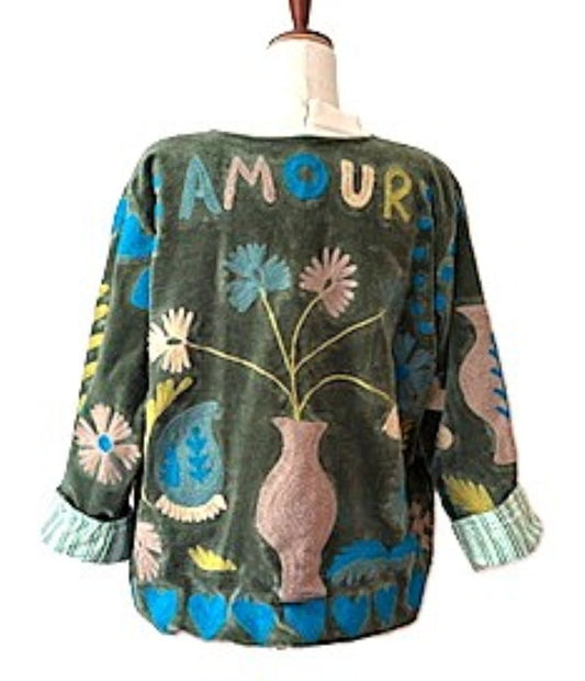 Jacket, Wearable Art Blends Traditional Art With Contemporary Fashion. Whimsical.(Avocado)
