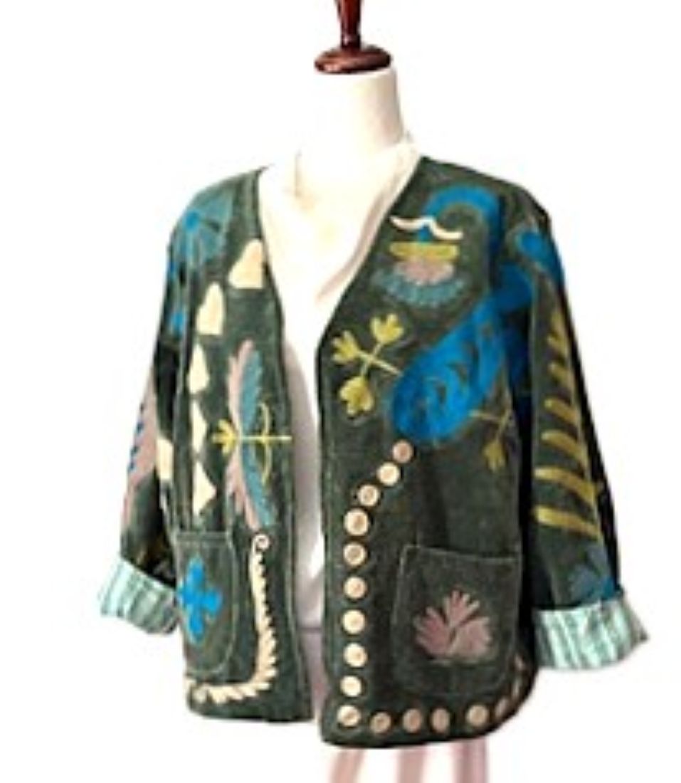 Jacket, Wearable Art Blends Traditional Art With Contemporary Fashion. Whimsical.(Avocado)