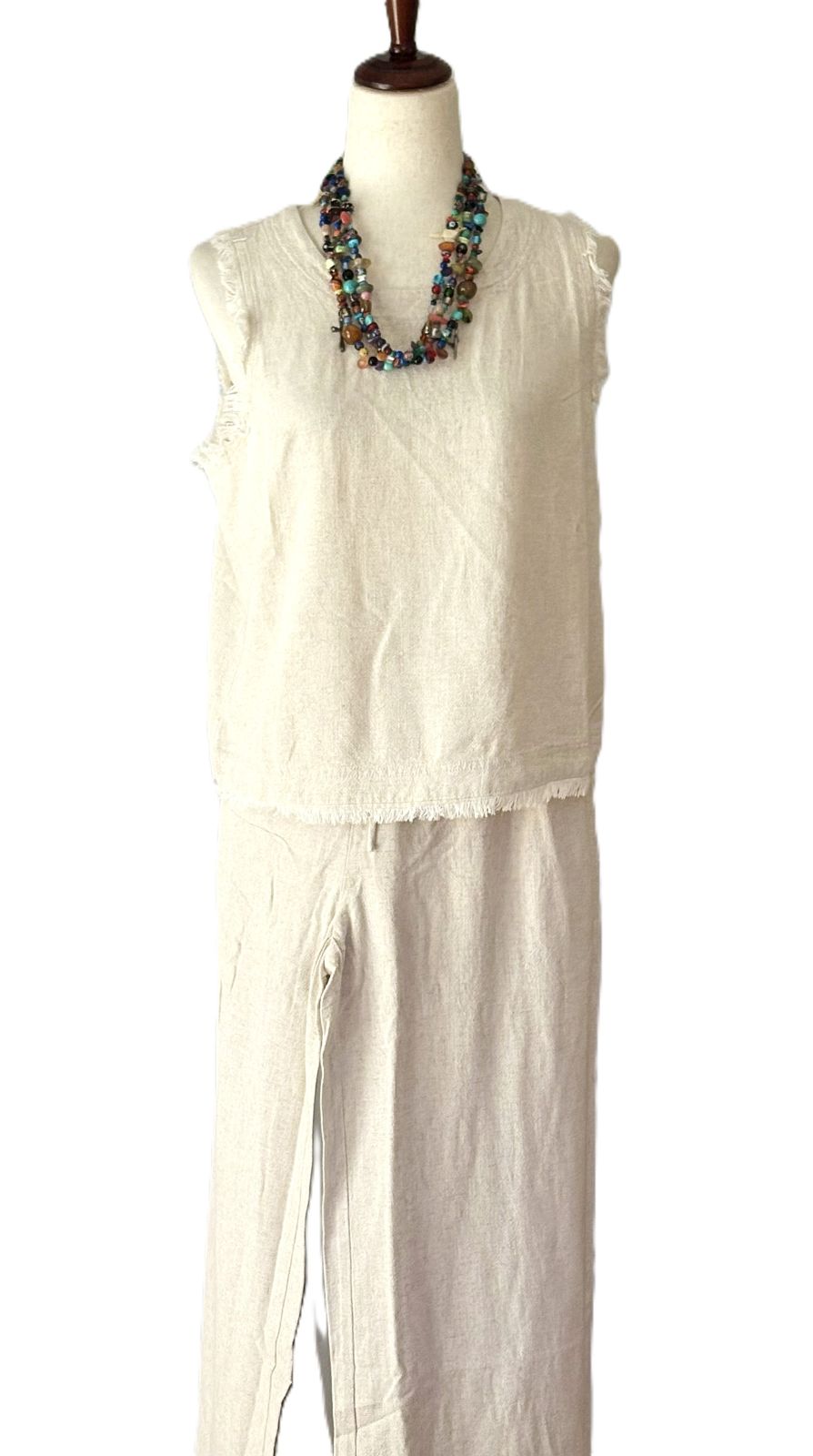 Pant Sets, Linen Crop Top With Banded Waist Pants (Natural)