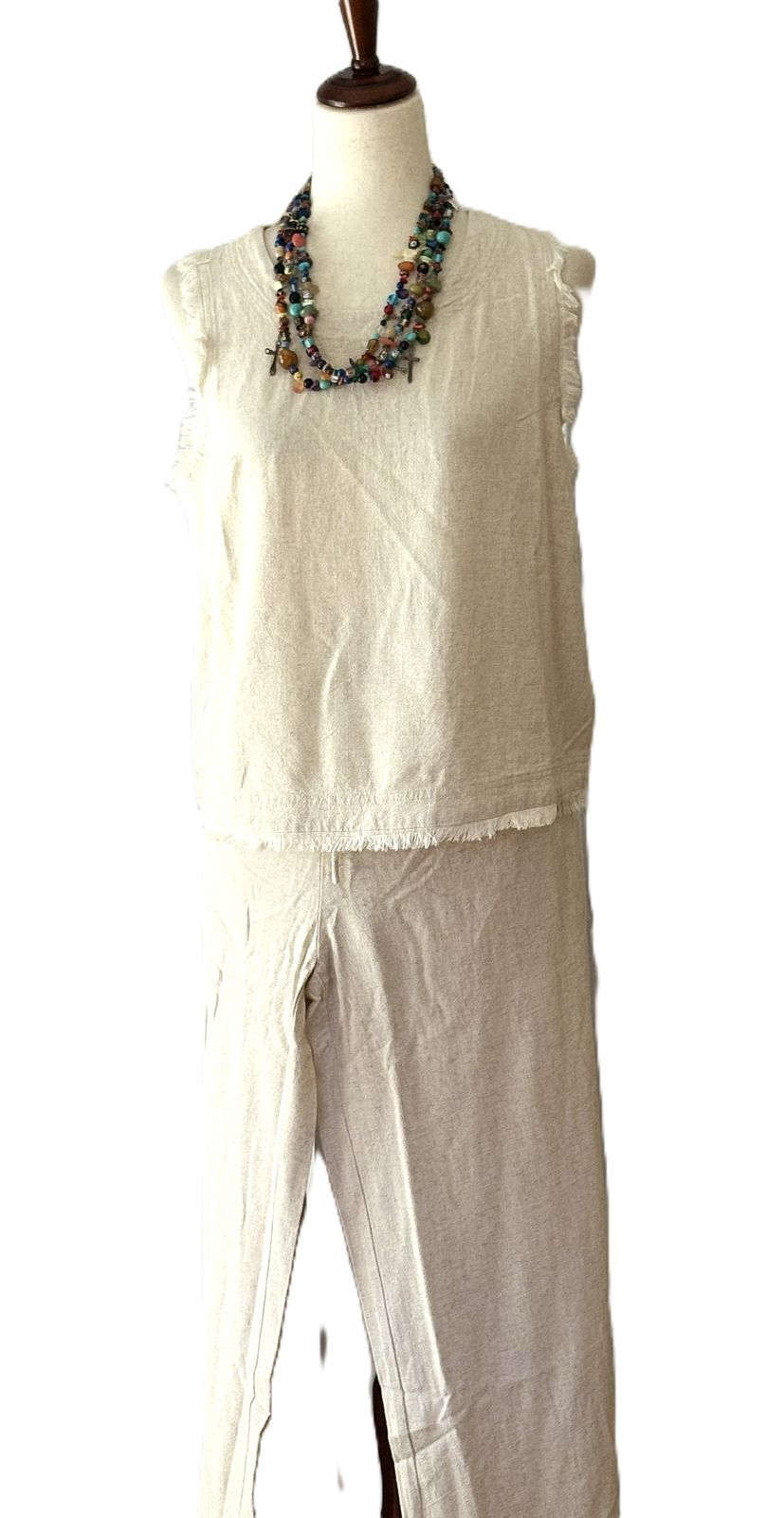 Pant Sets, Linen Crop Top With Banded Waist Pants (Natural)