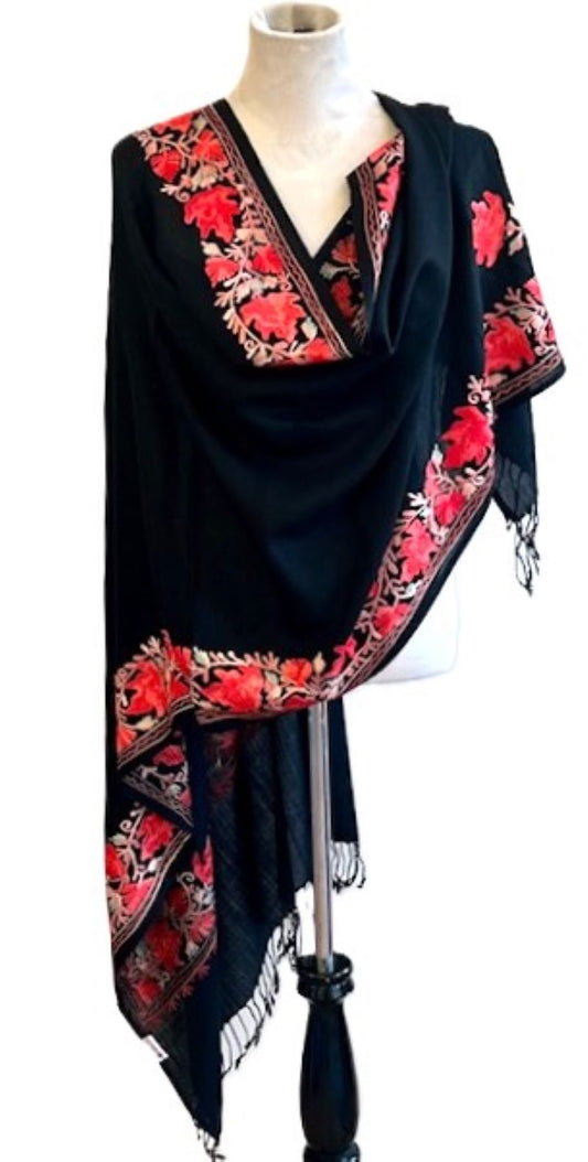 Taj Embroidered Wool Shawl. Embroidered Border. Black with Red