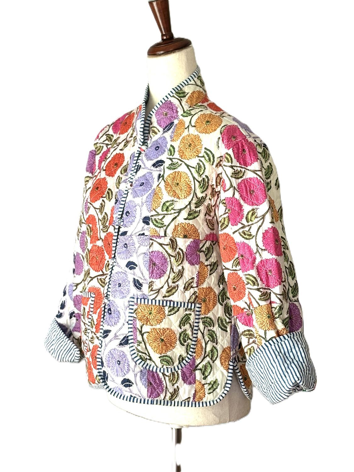 Reversible Quilted Cotton Jacket: Handmade Striped Floral Print Blazer (Wine) (Copy)