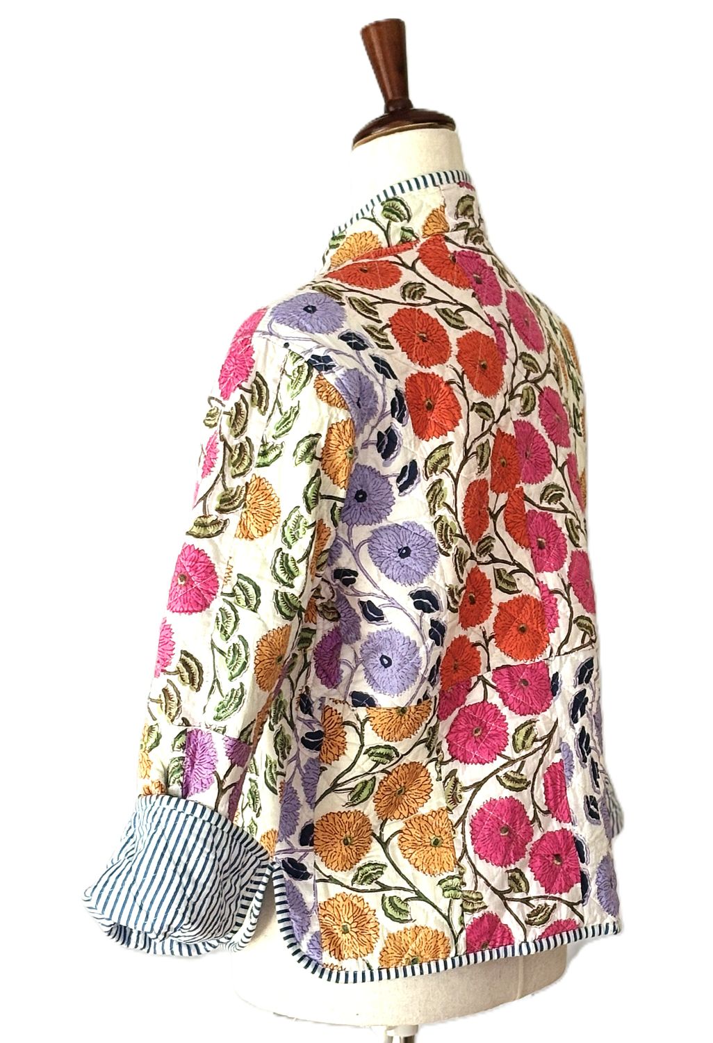 Reversible Quilted Cotton Jacket: Handmade Striped Floral Print Blazer (Wine) (Copy)