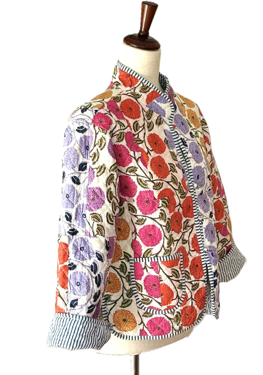 Reversible Quilted Cotton Jacket: Handmade Striped Floral Print Blazer (Wine) (Copy)