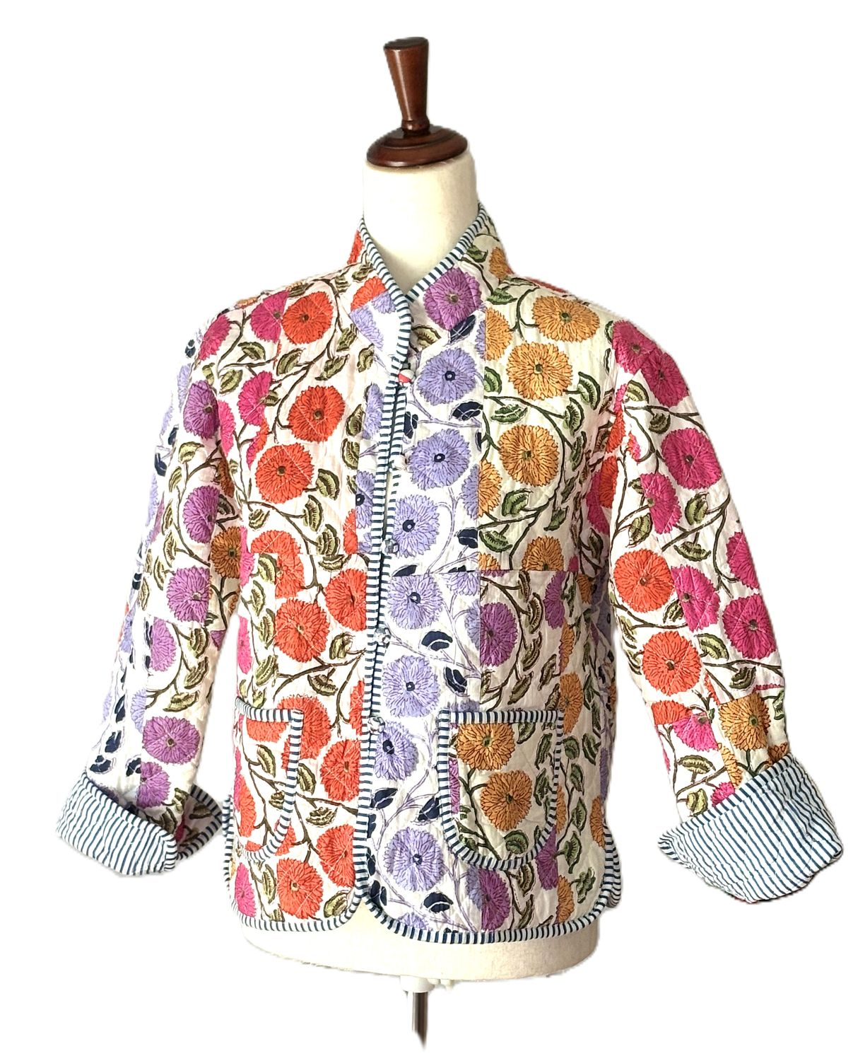Reversible Quilted Cotton Jacket: Handmade Striped Floral Print Blazer (Wine) (Copy)