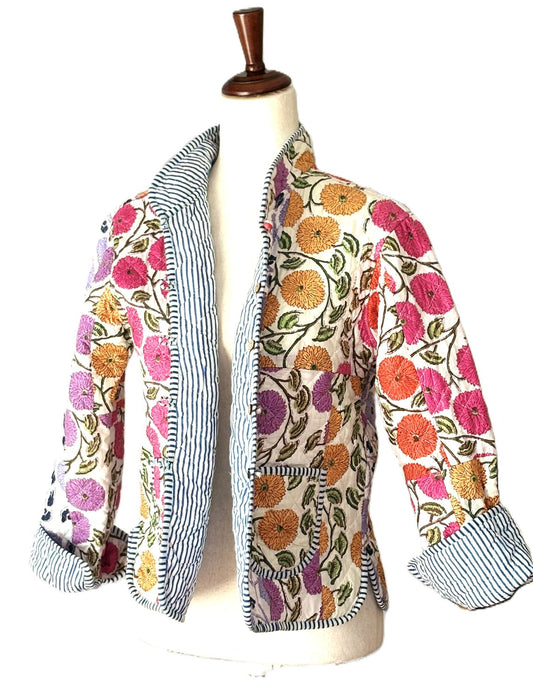 Reversible Quilted Cotton Jacket: Handmade Striped Floral Print Blazer (Wine) (Copy)