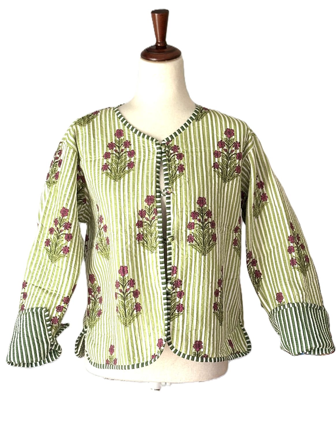 Reversible Quilted Cotton Jacket: Handmade Striped Floral Print Blazer. (Green)
