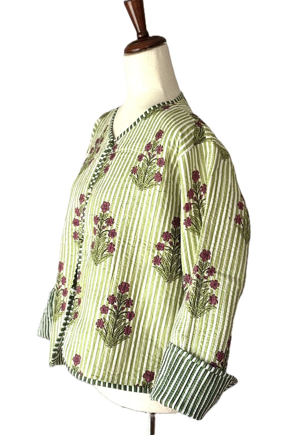 Reversible Quilted Cotton Jacket: Handmade Striped Floral Print Blazer. (Green)