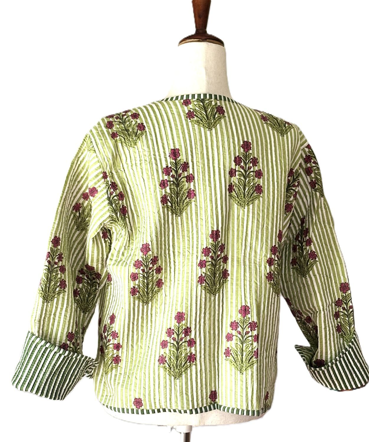 Reversible Quilted Cotton Jacket: Handmade Striped Floral Print Blazer. (Green)
